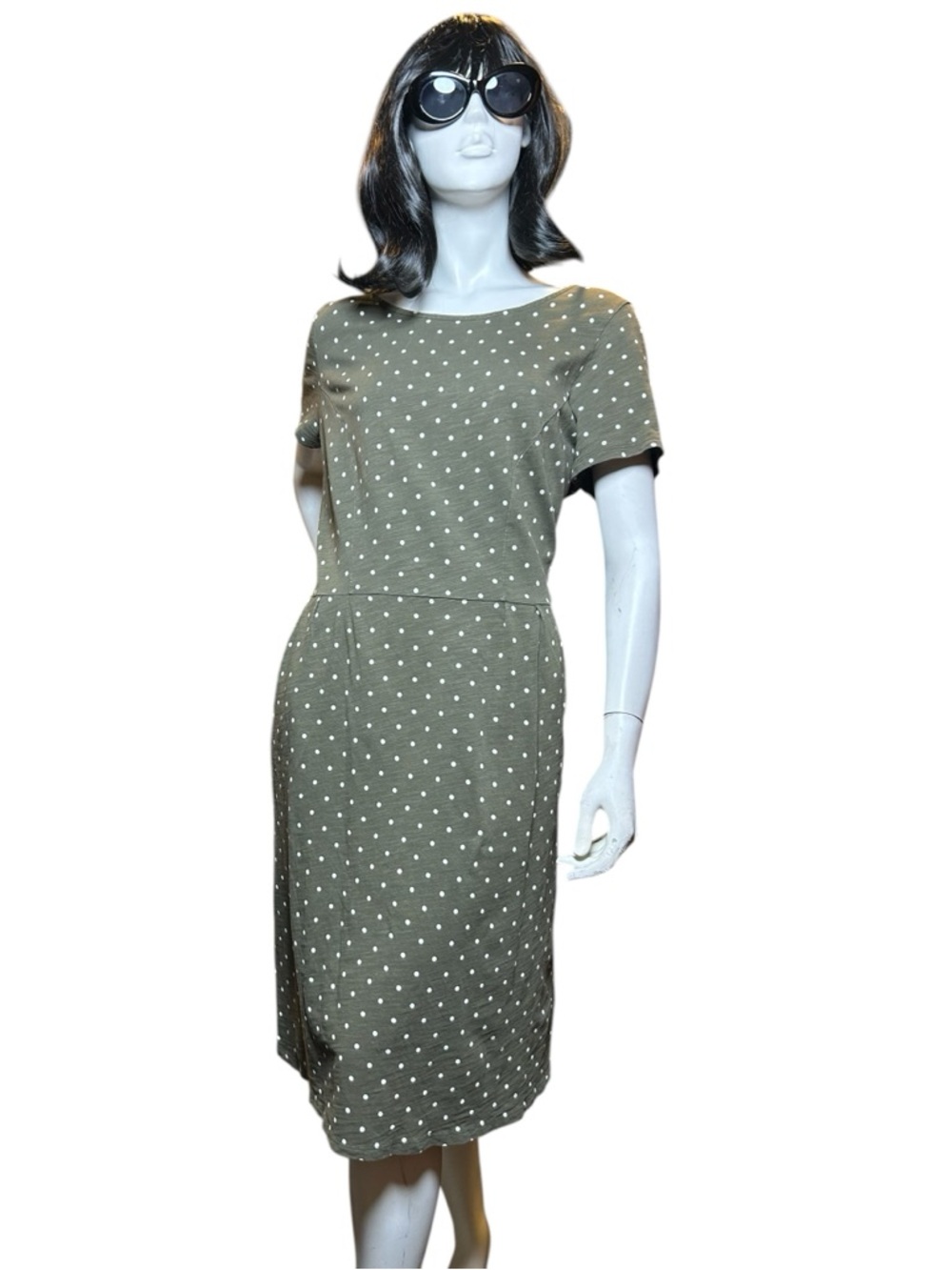 Boden Phoebe Olive Green Polka Dot Jersey Dress Pleated Waist Pockets Size 12R